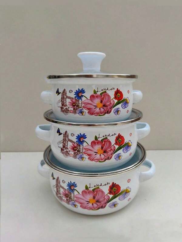 Juego de 3 piezas de olla esmaltada de varios colores: olla esmaltada, olla mini, olla para gachas, olla para arroz y gachas, olla calentadora, olla para leche, olla redonda, olla de doble asa, olla esmaltada, olla para fideos, olla para leche, cuenco esmaltado, juego de olla de sopa de doble asa, olla pequeña para el hogar, sin recubrimiento, compatible con cocina eléctrica y de gas