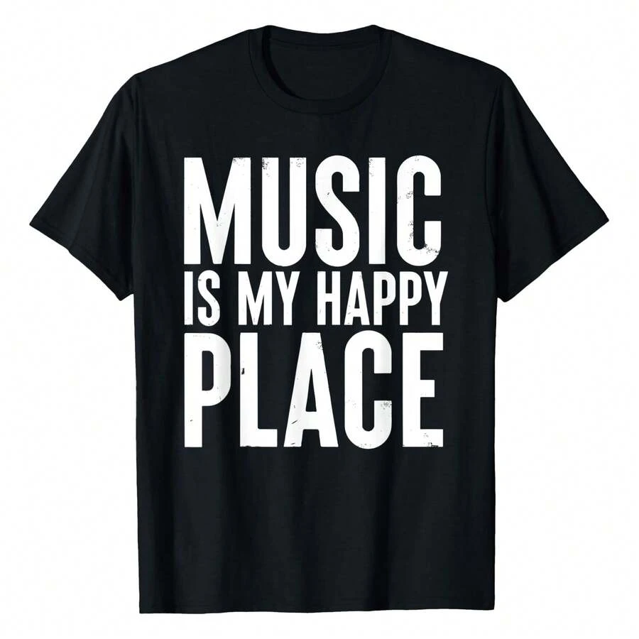 Music Is My Happy Place Inspiring Music Gift T-Shirt Women's Plus Size Graphic Tee.