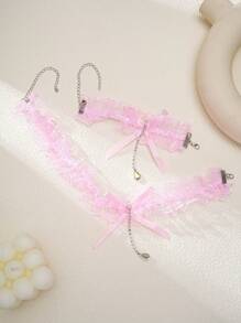 2 Pieces Set Fashion Pink Lace Flower Bow Rhinestone Zirconia Tiara Set For Wedding, Bridesmaids, Bride, Cosplay Lolita Accessories Including Necklace And Bracelet - Pink - View 3