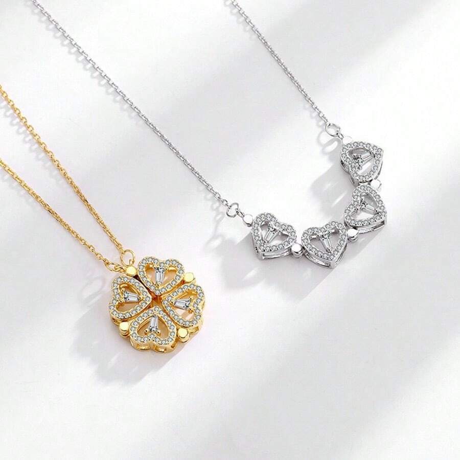 1pc Full Of Rhinestone Small Love A Love Love Four-Leaf Clover Necklace Woman To Send His Girlfriend Titanium Steel Collarbone Chain Elegant Gift