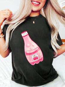 Camiseta de algodón con gráfico de soda de jugo de cereza, con estilo lindo y kawaii de Harajuku Fairy Kei para mujer, de cuello redondo y manga corta, top casual