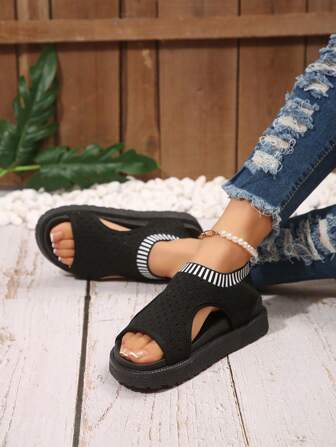 New Women Sports Casual Sandals, Plus Size Open Toe Elastic Woven Flats