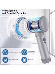 Electric Rotating Washer, Bathroom Cleaning Brush, Electric Washer With 5 Replaceable Brush Heads, Electric Cleaning Brush - Grey Cleaning Brush Seven Heads - View 4