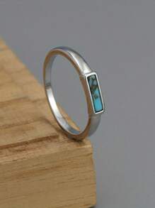 Normcore Style Narrow Ring Silver Plated Inlaid Turquoise Match Daily Outfits Suitable For Men And Women Multi Sizes To Choose - Silver - View 3