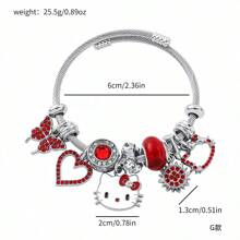 Conjunto con licencia de Sanrio de Hello Kitty de 3 piezas - Pulsera, Collar, Aretes con colgante en forma de corazón, ajustable, Charm de personaje de dibujos animados, joyería de metal rosa, regalo dulce de cumpleaños o San Valentín para niñas, amigos y familia