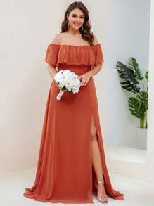 EVERPRETTY Plus Size Women's Solid Color Ruffle Off Shoulder Elegant Bridesmaid Dress - Burnt Orange - View 4