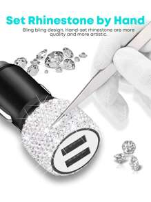 1个双USB车载充电器，手工闪亮水晶钻石汽车装饰，5V快充适配器，兼容安卓/智能手机