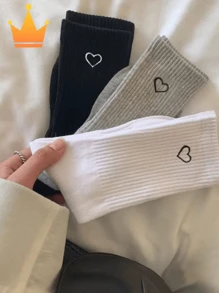 6 Pairs Of Heart-Shaped Pattern Athleisure Socks, Couple Sports Socks, Thick And Comfortable Materials, Simple And Versatile Solid Color Socks, Ins And Korean Style, Suitable For Both Men And Women, Black, White And Gray