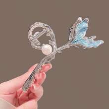 1 pieza Pinza de pelo de metal con estilo de cola de sirena color azul para mujeres, con perla y pinza de pelo, accesorio elegante para recogido