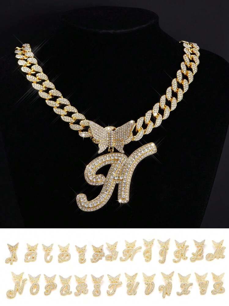 1 Pc Hip Hop Iced Out Rhinestone Men's Necklace Butterfly 26 A-Z