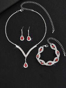 4 pièces / set Collier, boucles d'oreilles et bracelet entièrement sertis de strass en forme de V
