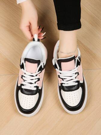 Women's Casual Sports Shoes, Lace-Up Soft Flat Low-Top Walking Shoes, Round Toe Versatile Skate Sneakers, Student Shoes, White Sole