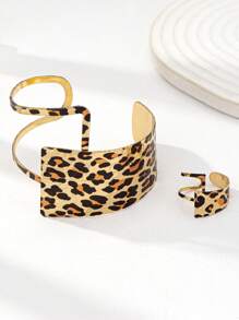 1 Set Animal Leopard Print Cuff Bangle Chunky Ring Bracelet Set For Women - Multicolor - View 3