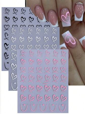 Naklejki dekoracyjne na paznokcie w kształcie miłości, Naklejki dekoracyjne na paznokcie w kształcie francuskiego serca, Różowe, Białe, Czarne Naklejki dekoracyjne na paznokcie z motywem miłości, Wielokolorowe naklejki na paznokcie, Naklejki na paznokcie z pustym wzorem serca, Naklejki na paznokcie z wzorem serca, Wielokolorowe naklejki z motywem miłości, Samoprzylepne ozdoby do paznokci DIY, Nadające się do samodzielnego zdobienia paznokci na Walentynki