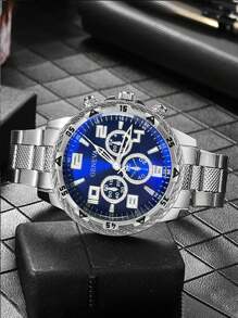 豪华商务金色大表盘计时钢带手表，蓝色水晶玻璃表盘，圆形表盘男孩手表，生日礼物 - 彩色 - 查看 9