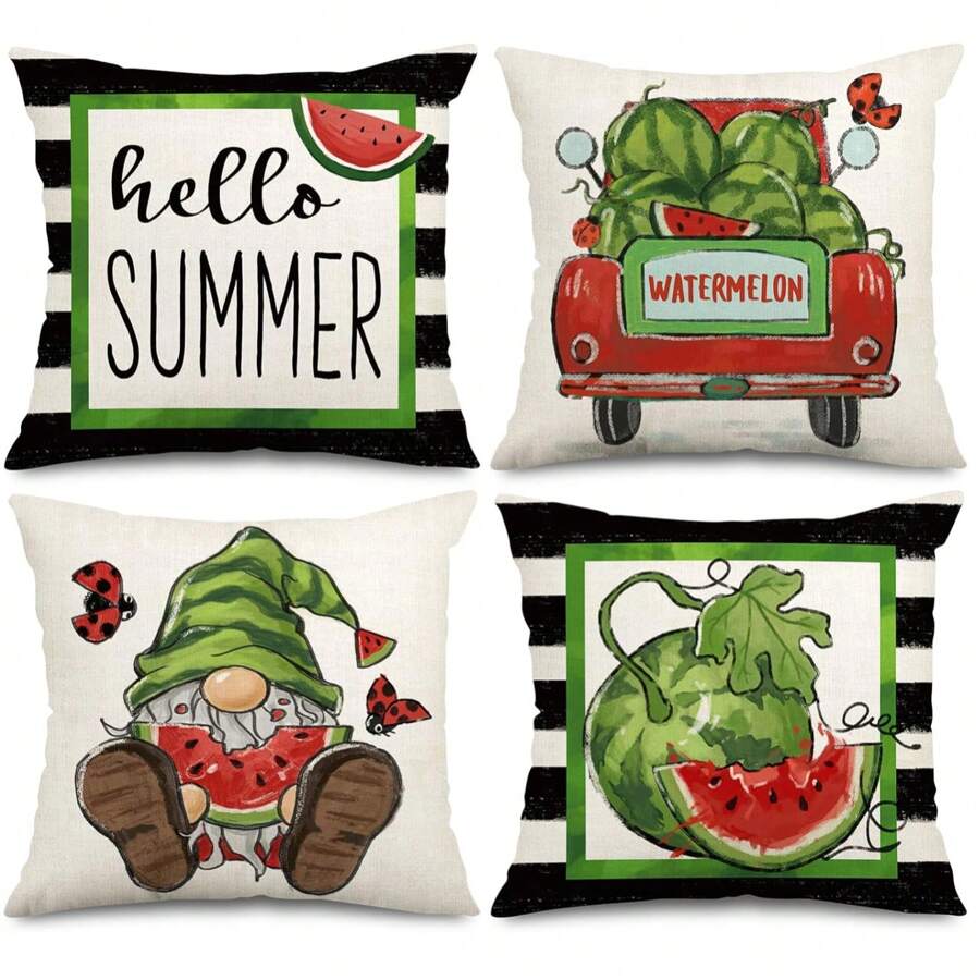 4 vỏ gối mùa hè hình dưa hấu mùa hè hình xe tải lùn sọc trắng đen trang trí nhà trong nhà và ngoài trời đệm ghế sofa trang trí văn phòng một mặt không có lõi gối - Đen, Trắng, Đỏ, Xanh lá - Xem 1