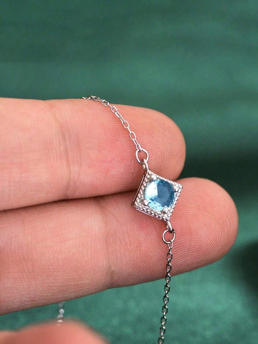 1pc S925 Sterling Silver Square Cubic Zirconia Geometric Women Bracelet, Fashionable & Elegant Everyday Jewelry - Silver - View 1