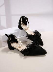 Woman's Fashionable Delicate Fairy Aesthetic Chunky Heel Pumps, New Spring/Summer Pearl Decor High Heel Shoes, French Mid-Hollow Pointed Toe Heels