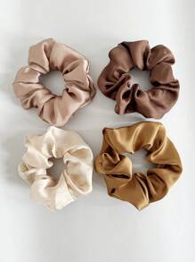 Set de 4 scrunchies de unicolor de tela de satén en tono leche y café, adecuados para uso diario casual