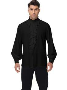 Men's Medieval Ruffle Collar Long Sleeve Shirt, Gothic Style Costume For Festivals And Parties - Black - View 2