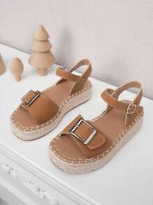 1 Pair Girls Lightweight Thick-Sole Casual Hook And Loop Rope Sandals, Suitable For Summer - Brown - View 5