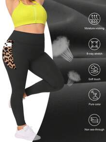 Leggings Plus Size con tasche per donne, vita alta opachi con controllo addominale, leggings sportivi Plus Size vita alta, leggings fitness running con tasche, stampa leopardata sulle tasche