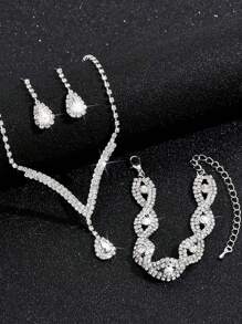 4 pièces / set Collier, boucles d'oreilles et bracelet entièrement sertis de strass en forme de V