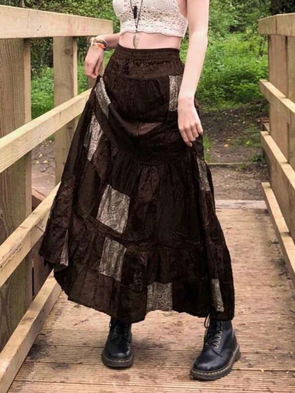 Y2k Cute Party Long Skirts Printed Boho Grunge Fairyore Retro Skirts Kawaii Holiday Brown Pleated Skirts Women Elegant Clothing