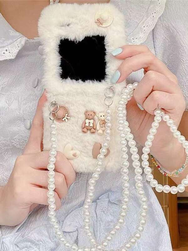 Fashionable Bear Design Foldable Phone Case With Chain, Compatible With Samsung Galaxy Z Flip3 5G/Galaxy Z Flip 4 5G/Galaxy Z Flip 5 5G/Galaxy Z Flip 6 5G/Galaxy Z Flip 7 5G, Personalized For Women