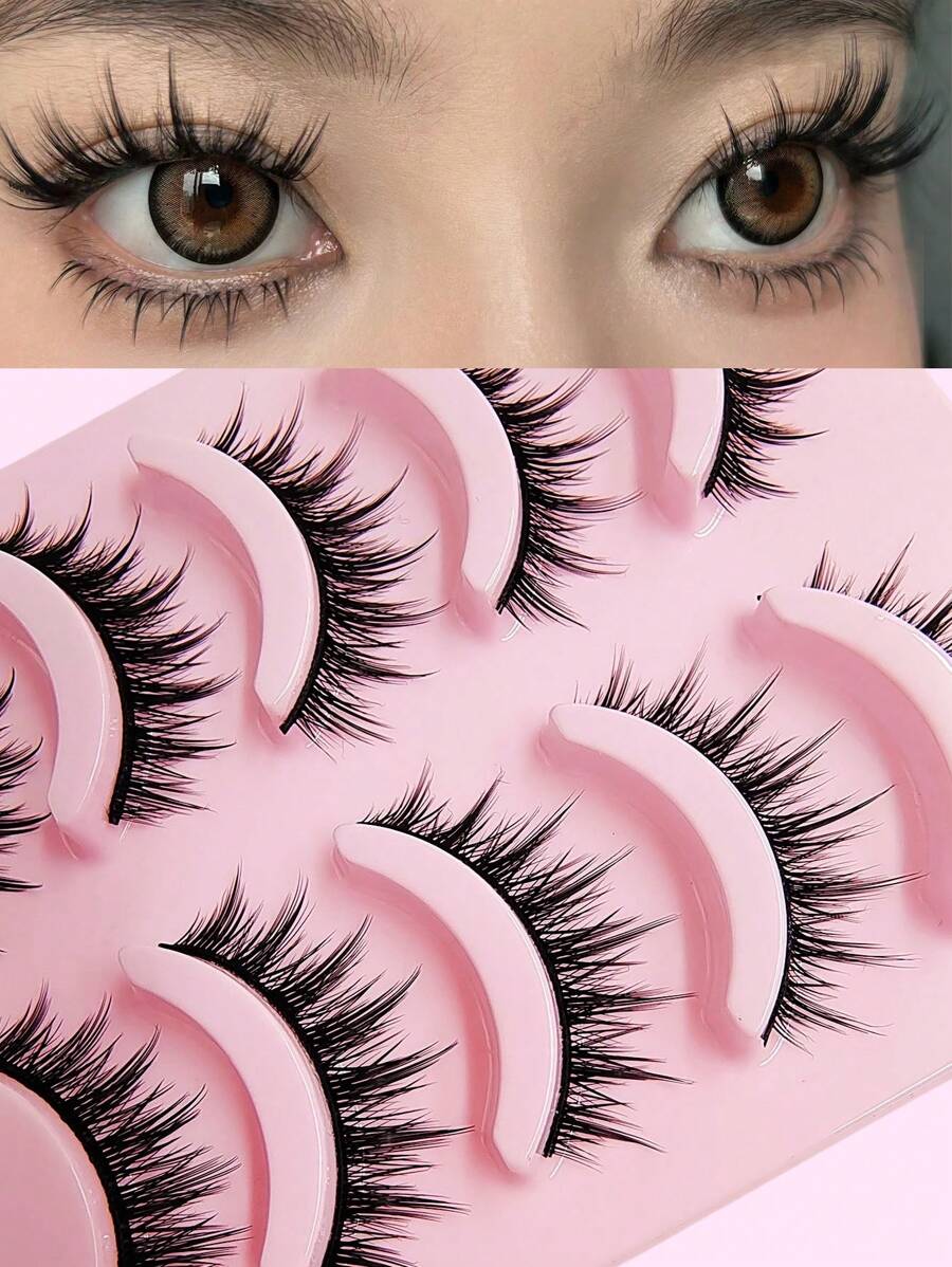 Asiteo 5 Pairs Manga Anime Lashes Natural Look Faux Mink Wispy Fluffy 3D Volume Eyelashes Korean Japanese Asian Cosplay Eyelashes - 黑色 - 查看 1