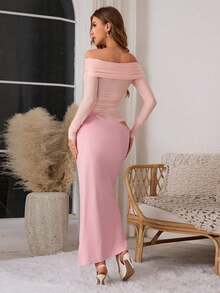 Plus Size Women Solid Color Off Shoulder Mesh Hollow Out Long Sexy Bodycon Dress, Autumn