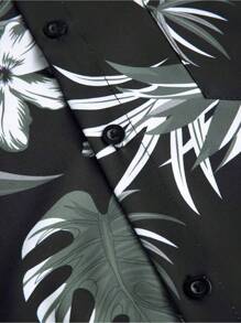 Men Summer Shirt Shorts Two Piece Set Tropical Printed Shirt Drawstring Shorts - Black - View 4