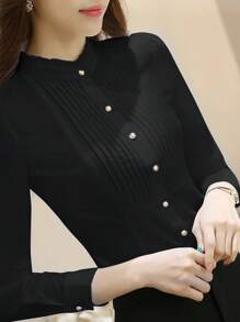 Blusa de manga larga blanca con cuello de mujer, talla grande, primavera/otoño - Negro - Ver 2