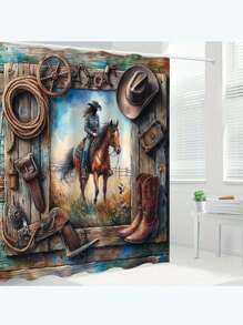 4 Stücke Badezimmer Vorhang Set im Bauernhof-Stil mit Pferdemotiv, moderne Badezimmer Dekoration, wasserdichter Stoffvorhang Set mit 12 Haken, rutschfeste Badematte, U-förmige Toilettenauflage, Toilettendeckel, geeignet als Geschenk für Zuhause, St. Patrick's Day Badezimmer Accessoires, Rückkehr zur Schule