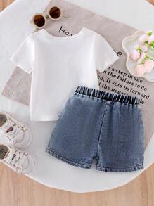 2pcs/Set Baby Girl Round Neck Short Sleeve Bow Printed T-Shirt And Embroidered Bow Denim Shorts Set