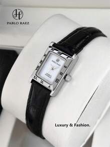 Pablo Raez 1pc Silver Gorgeous Watch Vintage Women Dress Watch Stainless Steel IPS Plated Rectangle Square Case Elegant Top Brand New Design Dress Quartz Retro Watch For Lady Fahionable