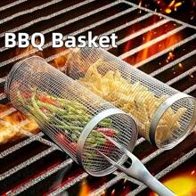 Rolling Grilling Baskets Outdoor Accessories, Stainless Steel Cylinder Tubes, Vegetable Cage Veggie, Large Round Mesh Rotation, Grill Bbq Basket Nets Veggies Barbecue Round Net Cylinders, Barbeque Kabob Fish Meat Gear Gift, Cylinder Cage Cooking Accessories For Veggie, Fish, Meat,Gift For Men,For Valentine's Day, Mother's Day, Father's Day, Outdoor Barbecue Festival