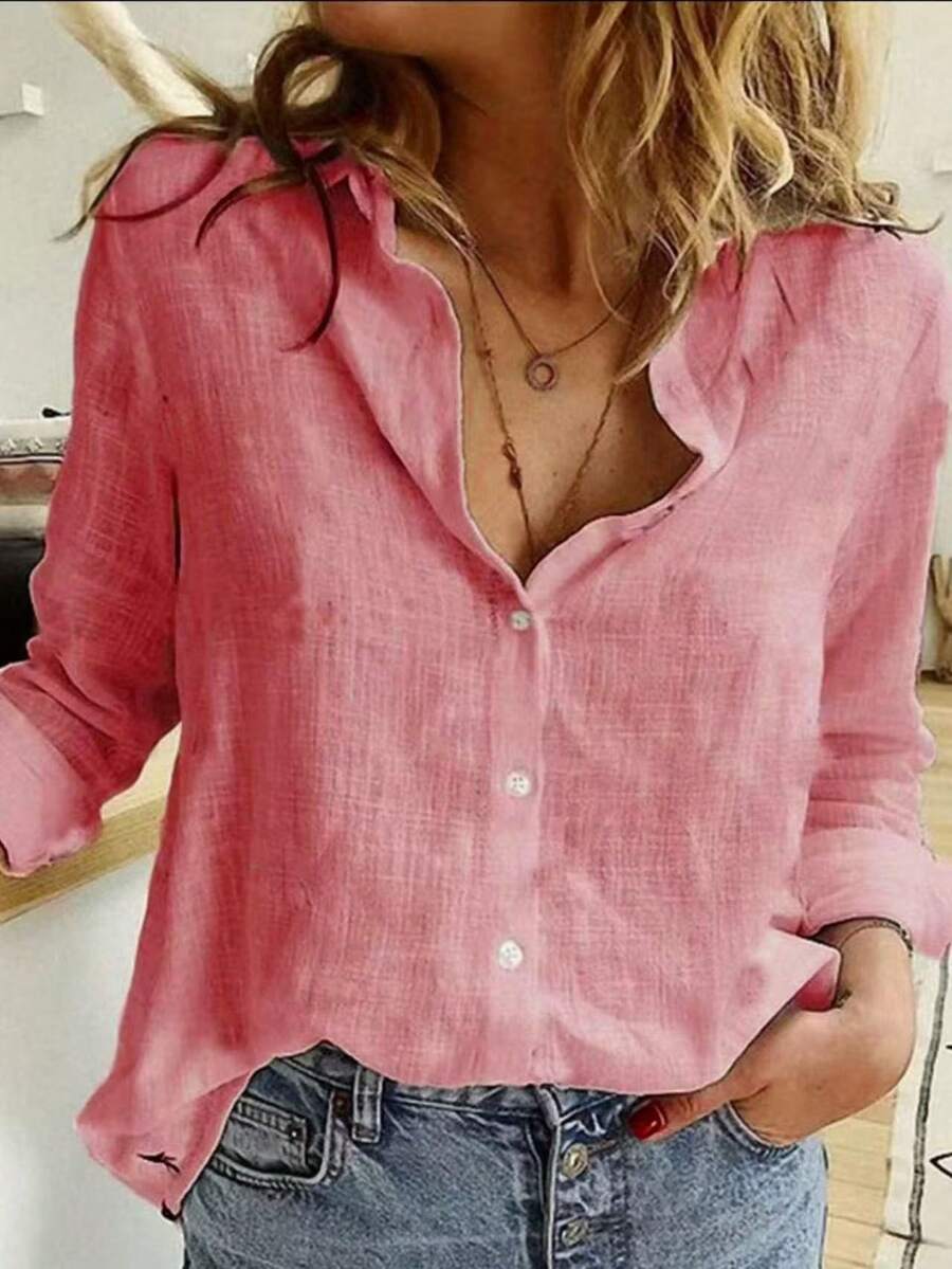 Vesco Women's Loose Linen Long Sleeve Plain Color Shirt - Màu Hồng  Dưa hấu - Xem 1
