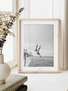 1 张 80 年代复古黑白海报、黑白海滩帆布壁画、夏日海洋、跳跃帆船游艇海报、女孩房间墙壁装饰、海滩爱好者生活方式墙壁装饰，无框架 - 淺灰色 - 查看 2