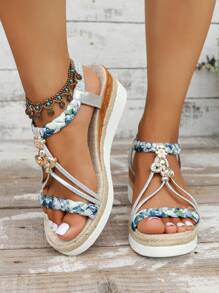 WRCVS Beige Women Sandals With Woven Straps, Platform Wedge Heel, Handmade Beaded Woven Sole, Lightweight Bohemian Style Casual Summer Outdoor Sandals - Silver - View 5