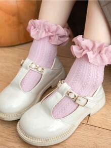 2Pairs Baby Girls Ankle Socks With Cable Pattern And Ruffle Lace Trim Cuff ,Cute And Nice,For Spring,Summer, Dance Socks&Party Socks&Daily Socks&Back To School UNIFORM Socks - Multicolor - View 9