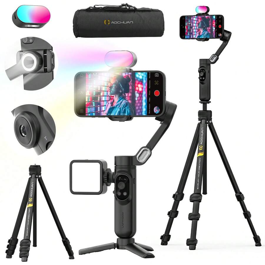 AOCHUAN 可折叠便携式云台稳定器 7.0 防抖升级版 7 色磁吸补光灯 运动时顺滑对焦 360 度旋转追踪开关 AI 手势控制 适用于全景广角电影直播延时拍摄 节日送礼佳品 兼容 Android 手机 手机相机智能跟随相机手机支架，360°旋转 适用于暑假、旅行度假、直播、Vlog、家庭聚会、手持自拍、户外活动、采访 Nan ActiveTrack - 黑色 - 查看 1