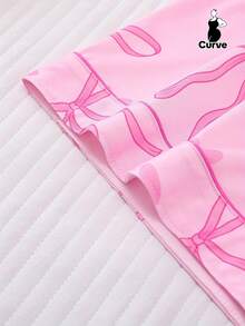 Marira 2pcs Plus Size Women Pajama Set, Bow Print Short Sleeve Shirt Collar Button Up Top And Loose Elastic Shorts, Suitable For Overweight, Holiday Party Sleepwear, Casual Home & Outdoor Comfortable Women Loungewear - Hồng - Xem 7
