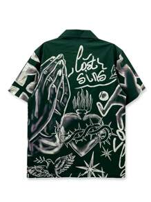 Men's Four-Way Stretch Shirt With Abstract Cross, Face, And Bird Prints, Green - 軍綠色 - 查看 2