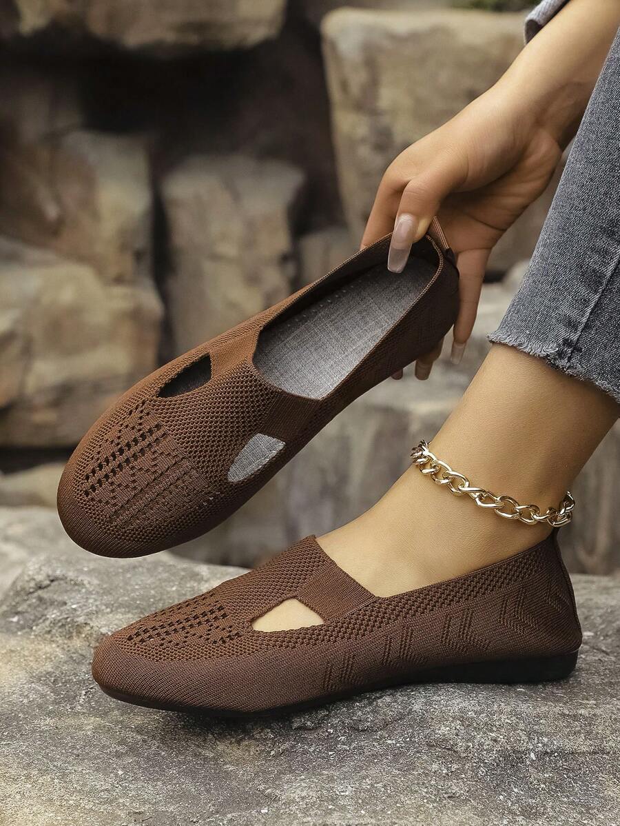 Women's Casual Round Toe Knitted Flat Shoes, Panda Pattern, Comfortable Mom Shoes, Daily Walking
