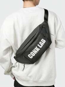 Bolsa de cintura informal de gran capacidad con estampado de letras para hombres, bolso bandolera multicompartimentos para el pecho para deportes, compras, ir al trabajo, viajes