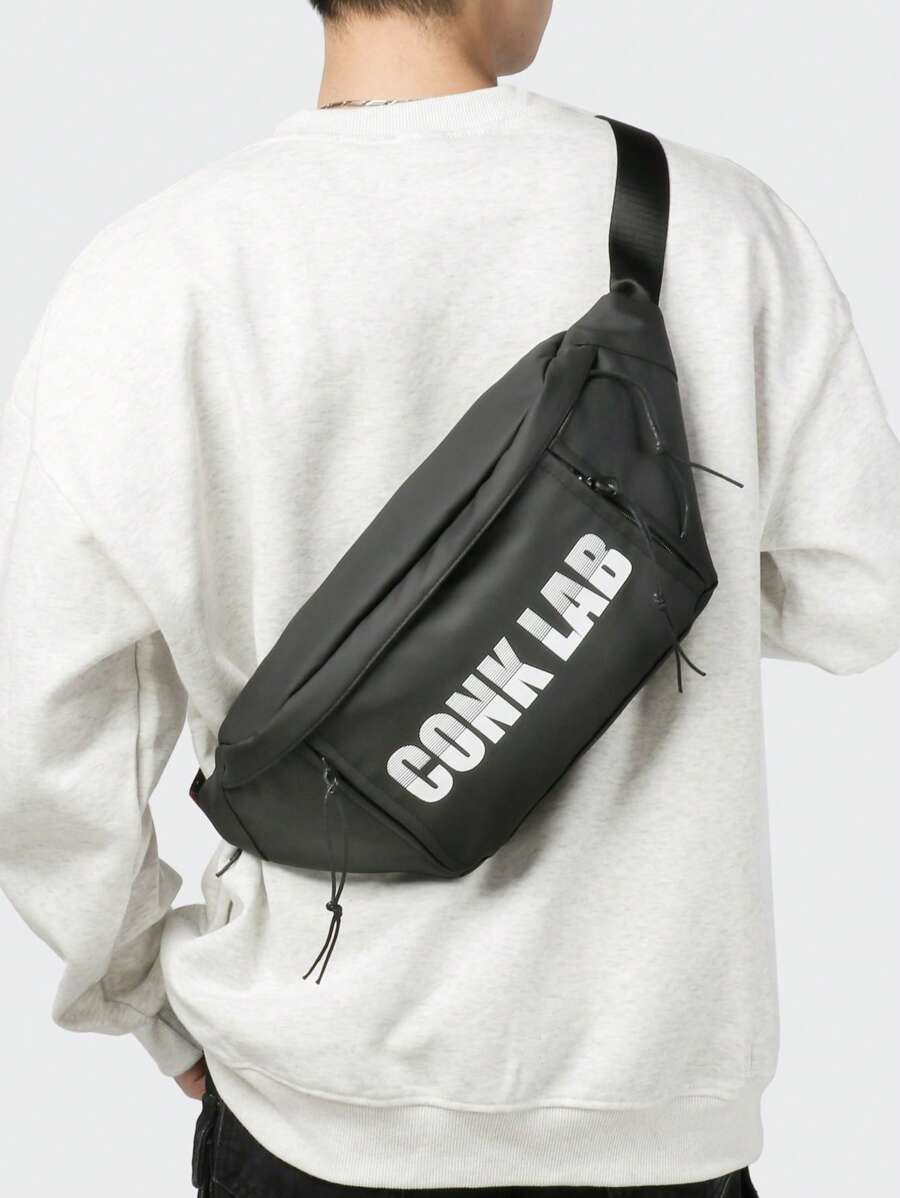 Bolsa de cintura informal de gran capacidad con estampado de letras para hombres, bolso bandolera multicompartimentos para el pecho para deportes, compras, ir al trabajo, viajes