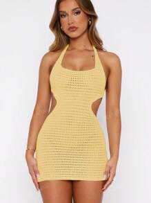 Halter Backless Lace-Up Bowknot Sexy Hollow Out Bodycon Beach Dress, For Summer Vacation