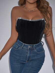 High-End Velvet Diamante Decor Corset Jumpsuit, Slimming Solid Color Waist Tight Women Party Clubwear - Black - View 4