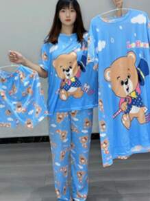 Conjunto de pijama de cuatro piezas para mujer estilo lindo Un regalo perfecto para el Día de la Madre. - azul real - Ver 3